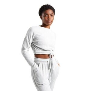 GYMSHARK Women's Relaxed Crop Sweater, Ribbed, Light Gray, Drawstring, Size L
